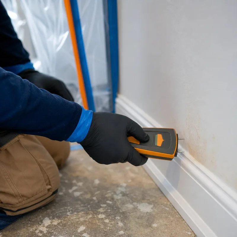 Technician using a pin moisture meter on stained drywall near a baseboard with containment plastic visible behind