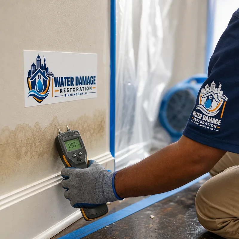 Technician using a pin moisture meter on stained drywall near a baseboard with containment plastic visible behind