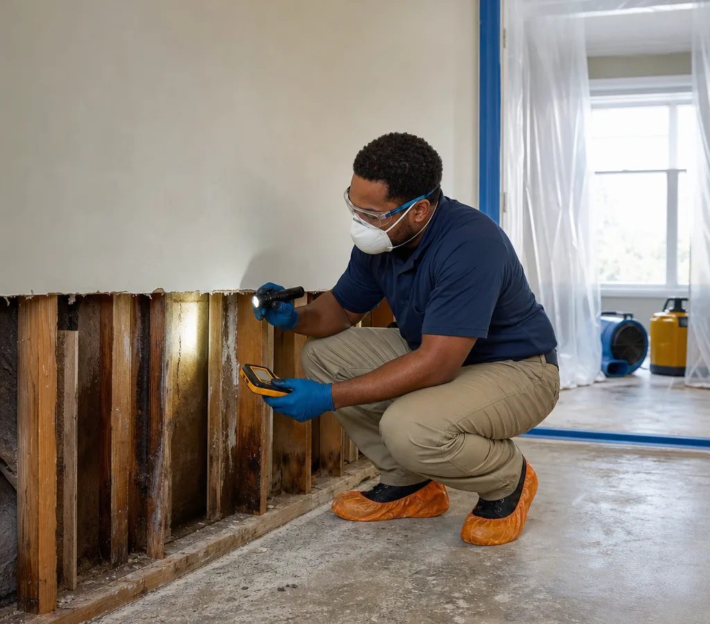 Technician in protective equipment inspecting a residential wall cavity with a moisture meter and flashlight beside containment plastic