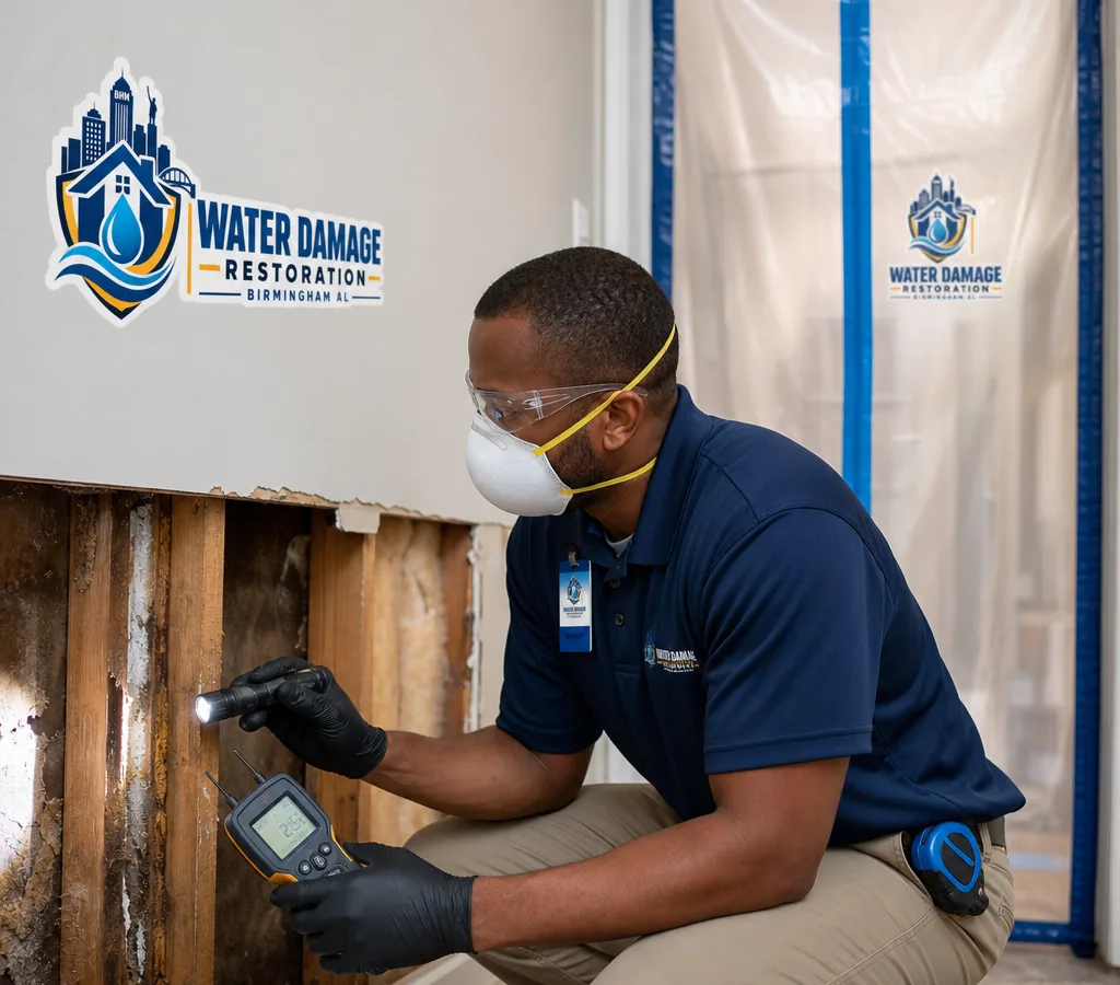 Technician in protective equipment inspecting a residential wall cavity with a moisture meter and flashlight beside containment plastic