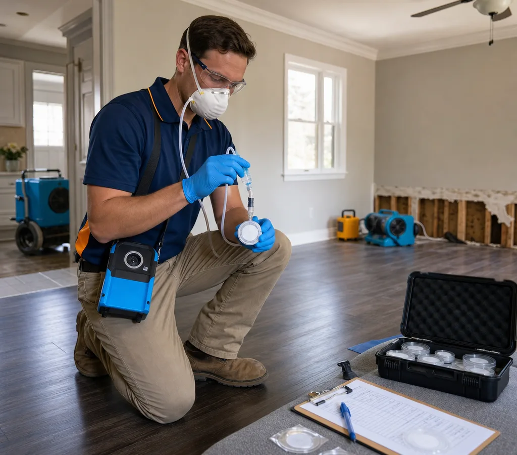 Inspector in protective equipment collecting an indoor air sample with a calibrated pump inside a Birmingham-area home