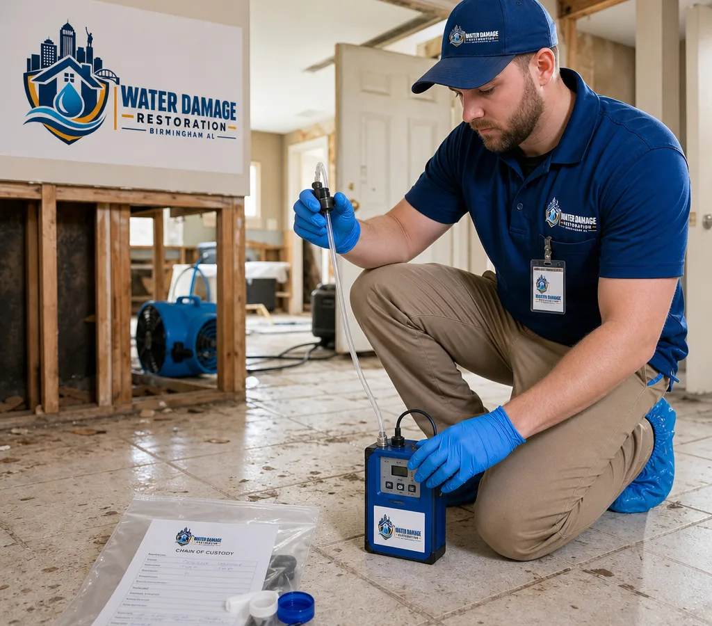 Inspector in protective equipment collecting an indoor air sample with a calibrated pump inside a Birmingham-area home