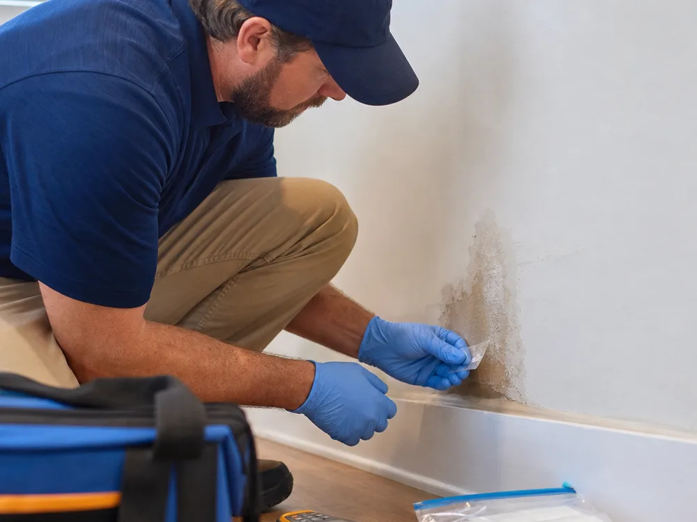 Technician taking a tape-lift sample from discolored drywall near a baseboard with a moisture meter and sample bags nearby