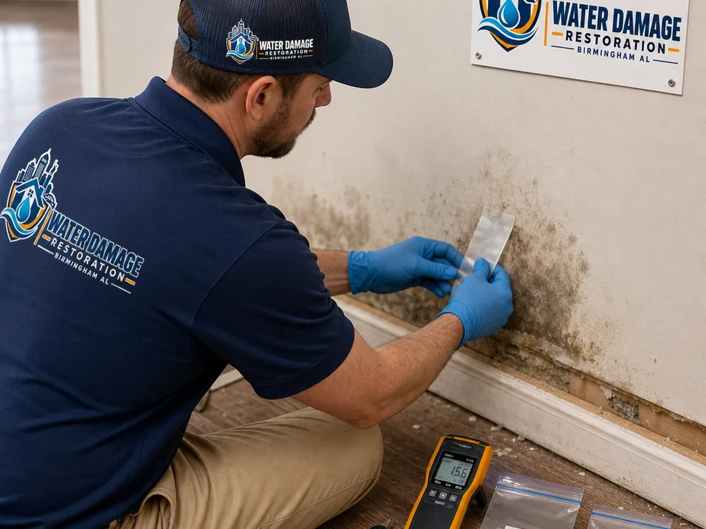 Technician taking a tape-lift sample from discolored drywall near a baseboard with a moisture meter and sample bags nearby
