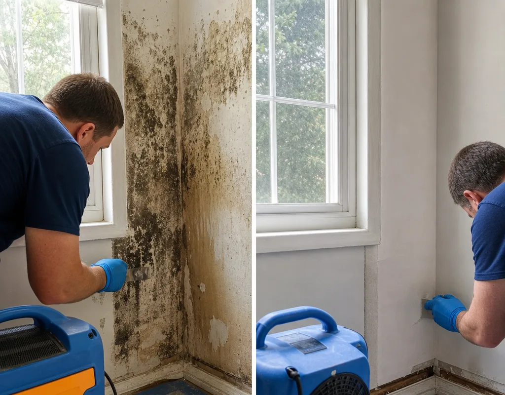 Before-and-after view of mold-spotted drywall near a window and the area after controlled removal and drying preparation