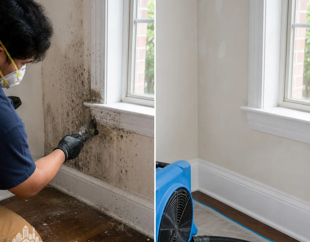 Before-and-after view of mold-spotted drywall near a window and the area after controlled removal and drying preparation