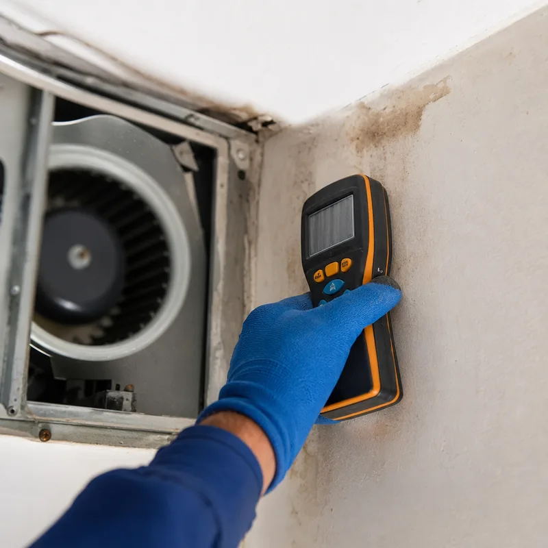 Moisture meter reading taken on drywall beside a bathroom fan housing
