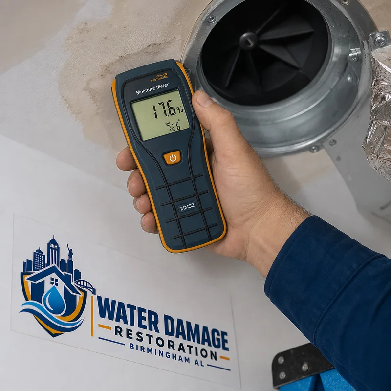 Moisture meter reading taken on drywall beside a bathroom fan housing