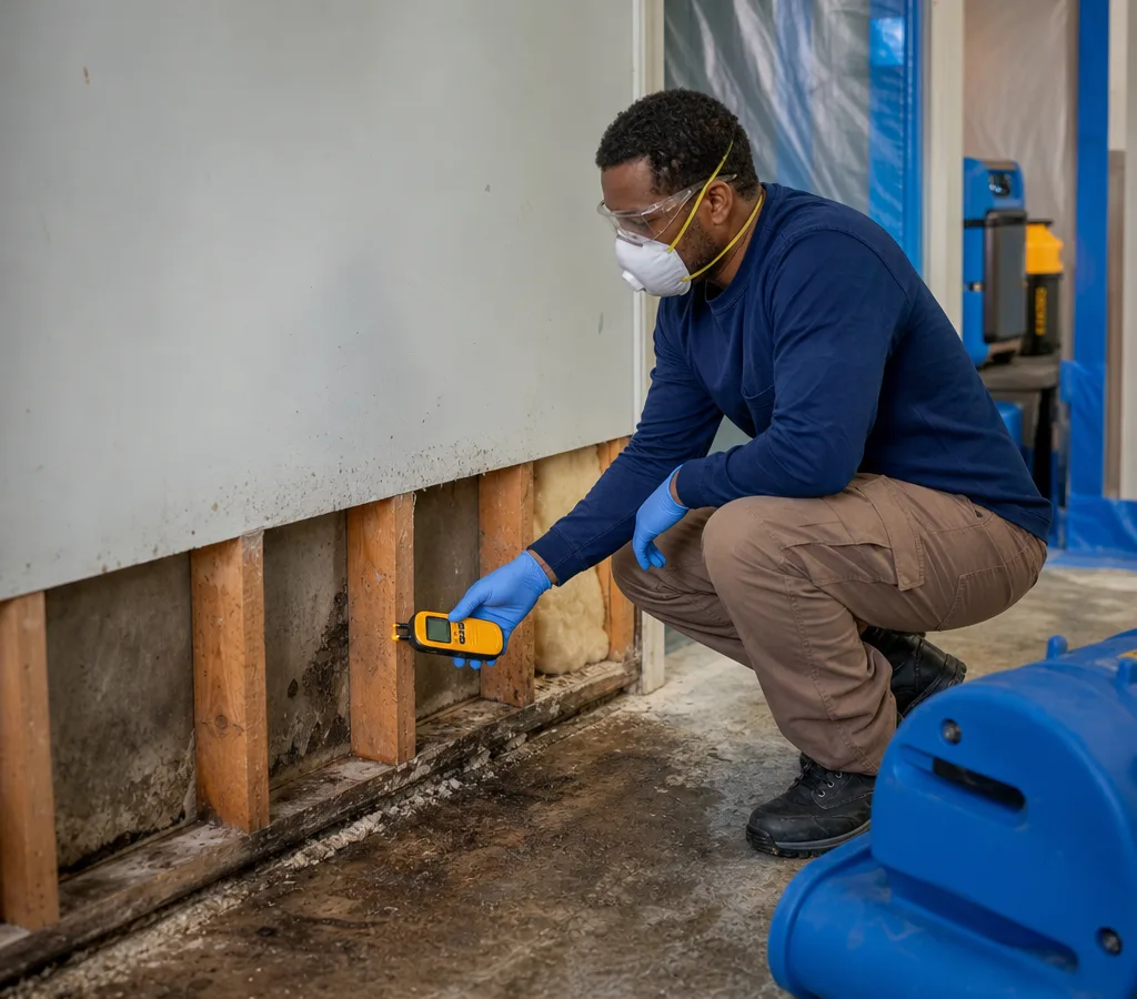 Technician in protective gear inspecting a damp interior wall and floor with a moisture meter beside staged containment materials