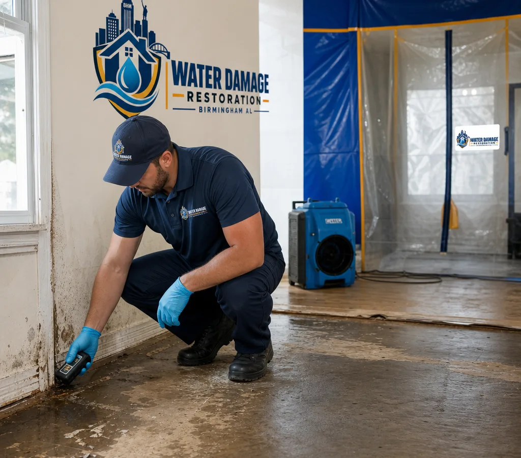 Technician in protective gear inspecting a damp interior wall and floor with a moisture meter beside staged containment materials