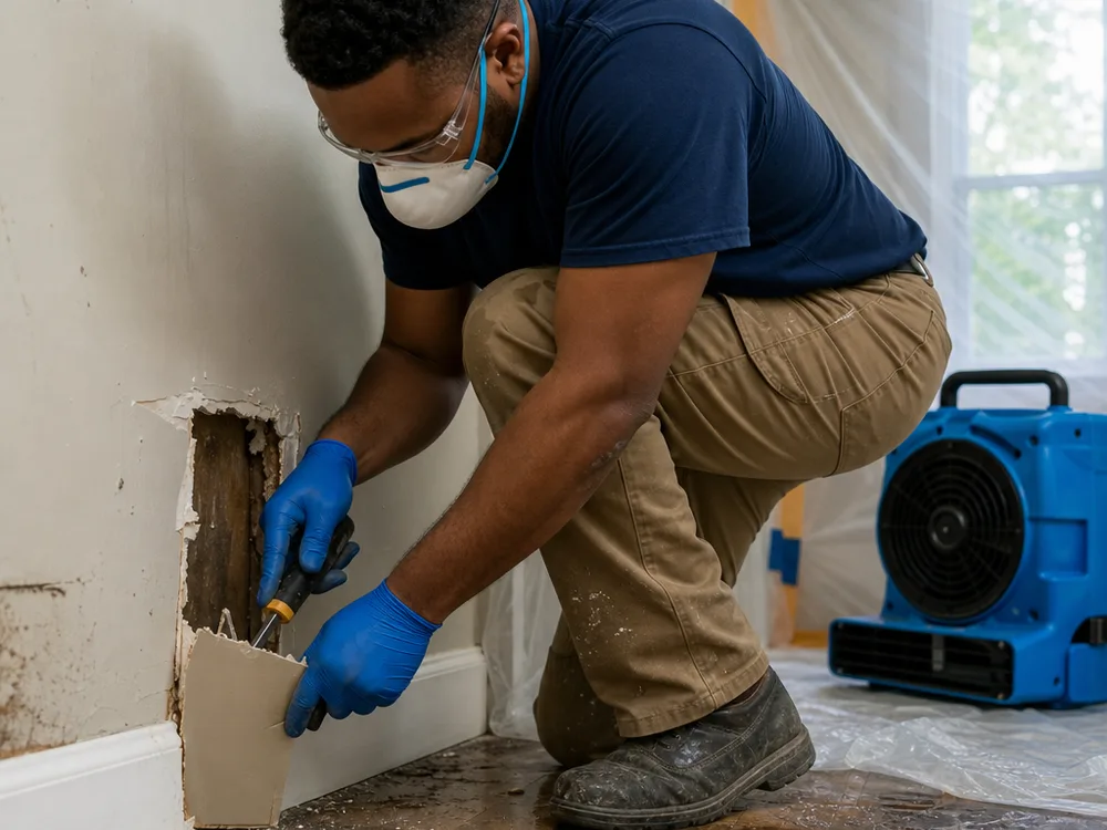 Contained work area with a HEPA air scrubber and technician removing water-damaged drywall near a baseboard