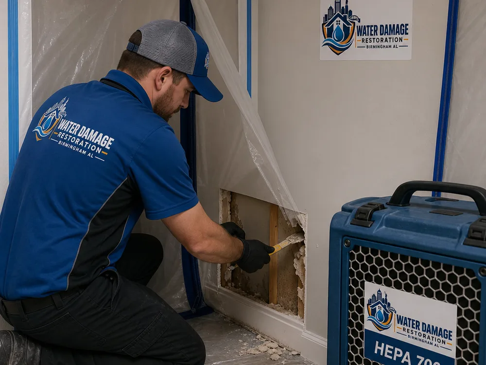 Contained work area with a HEPA air scrubber and technician removing water-damaged drywall near a baseboard