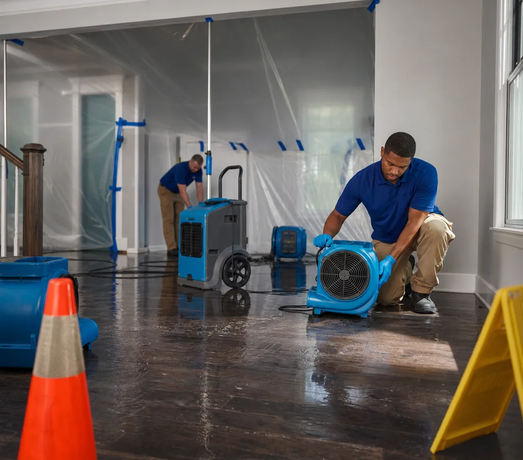 Technicians in protective equipment setting up air movers and a dehumidifier in a Birmingham home with water on the floor, containment, and caution signage