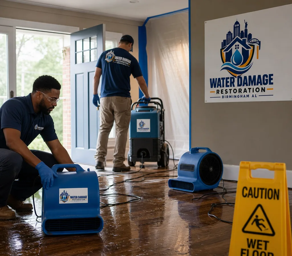Technicians in protective equipment setting up air movers and a dehumidifier in a Birmingham home with water on the floor, containment, and caution signage