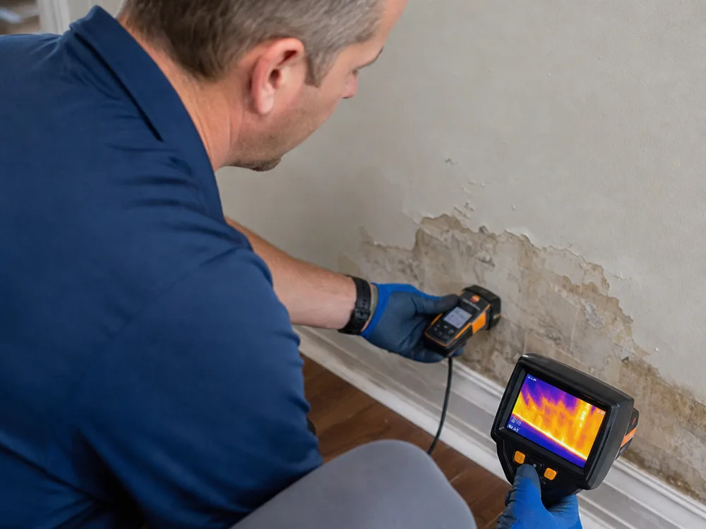 Technician using a moisture meter along a baseboard and lower drywall while a thermal camera displays the moisture pattern in the wall