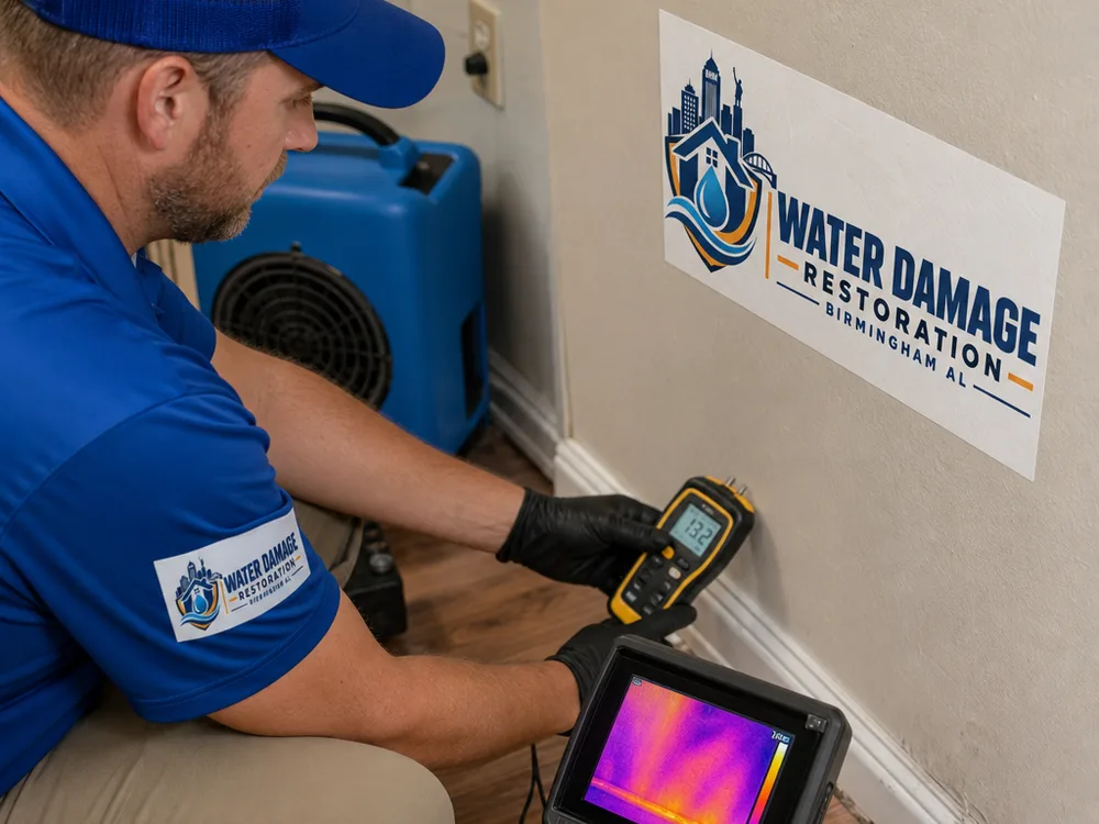 Technician using a moisture meter along a baseboard and lower drywall while a thermal camera displays the moisture pattern in the wall