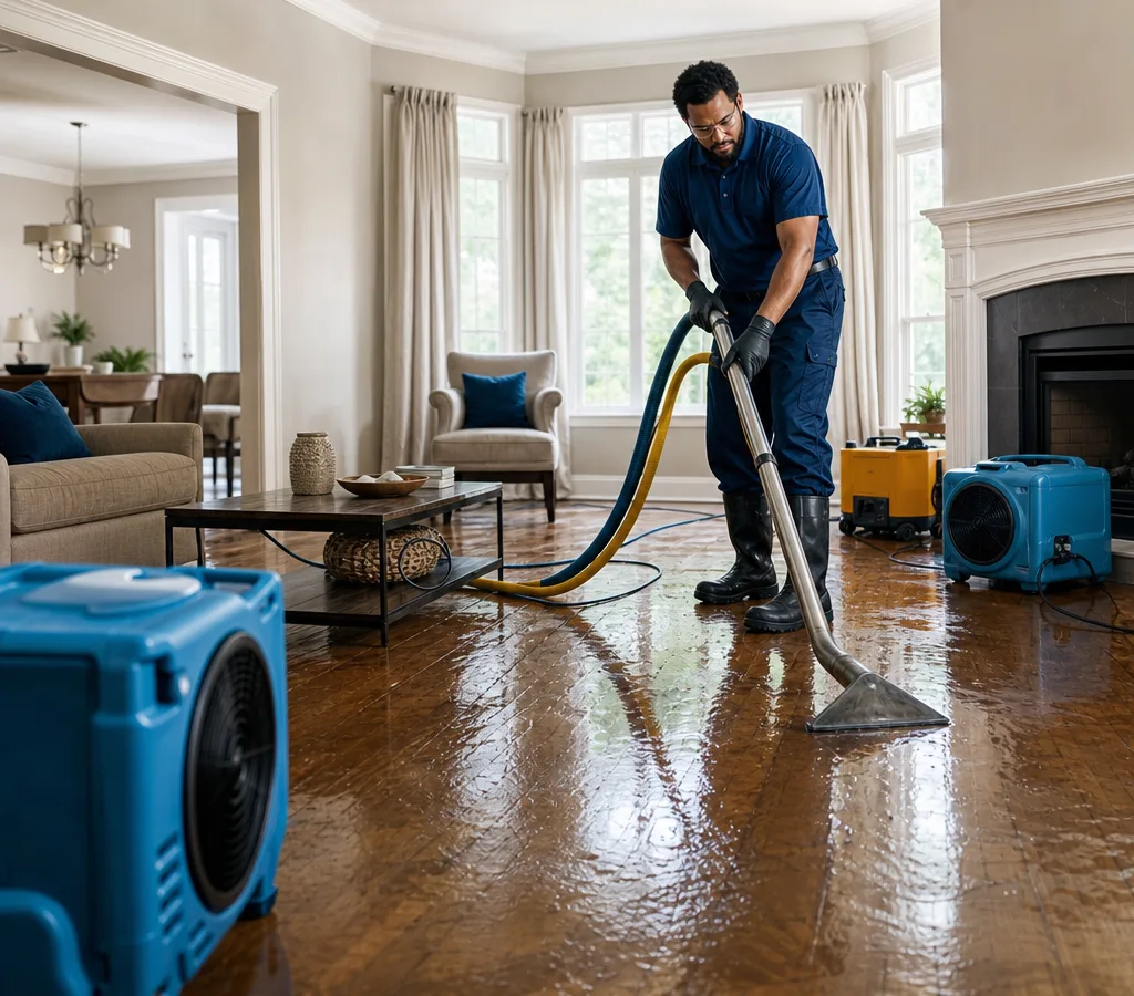 Technician extracting water from a residential living room in Birmingham with drying equipment nearby