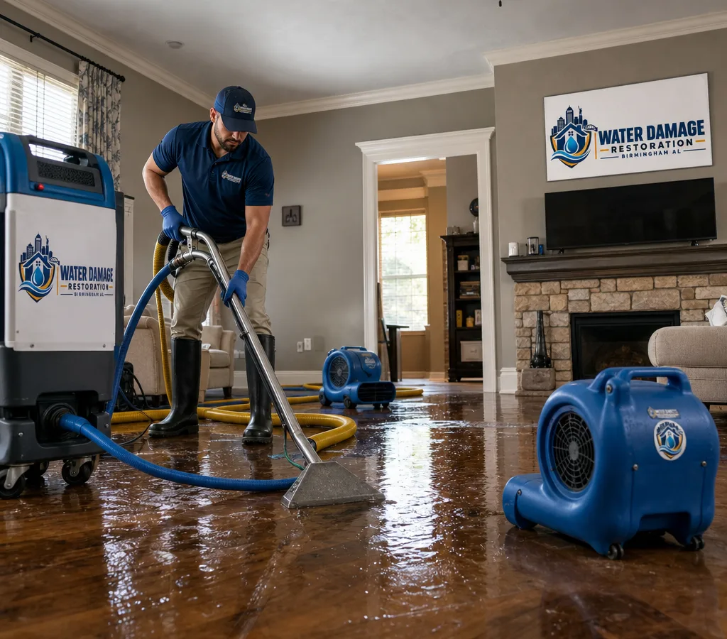 Technician extracting water from a residential living room in Birmingham with drying equipment nearby
