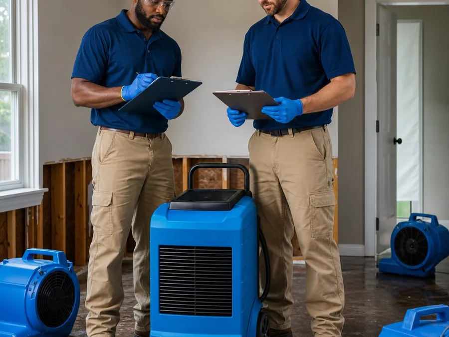 Two restoration technicians beside dehumidifiers and air movers holding moisture documentation