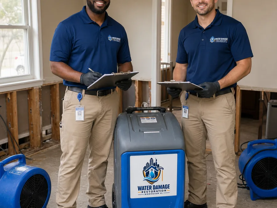 Two restoration technicians beside dehumidifiers and air movers holding moisture documentation